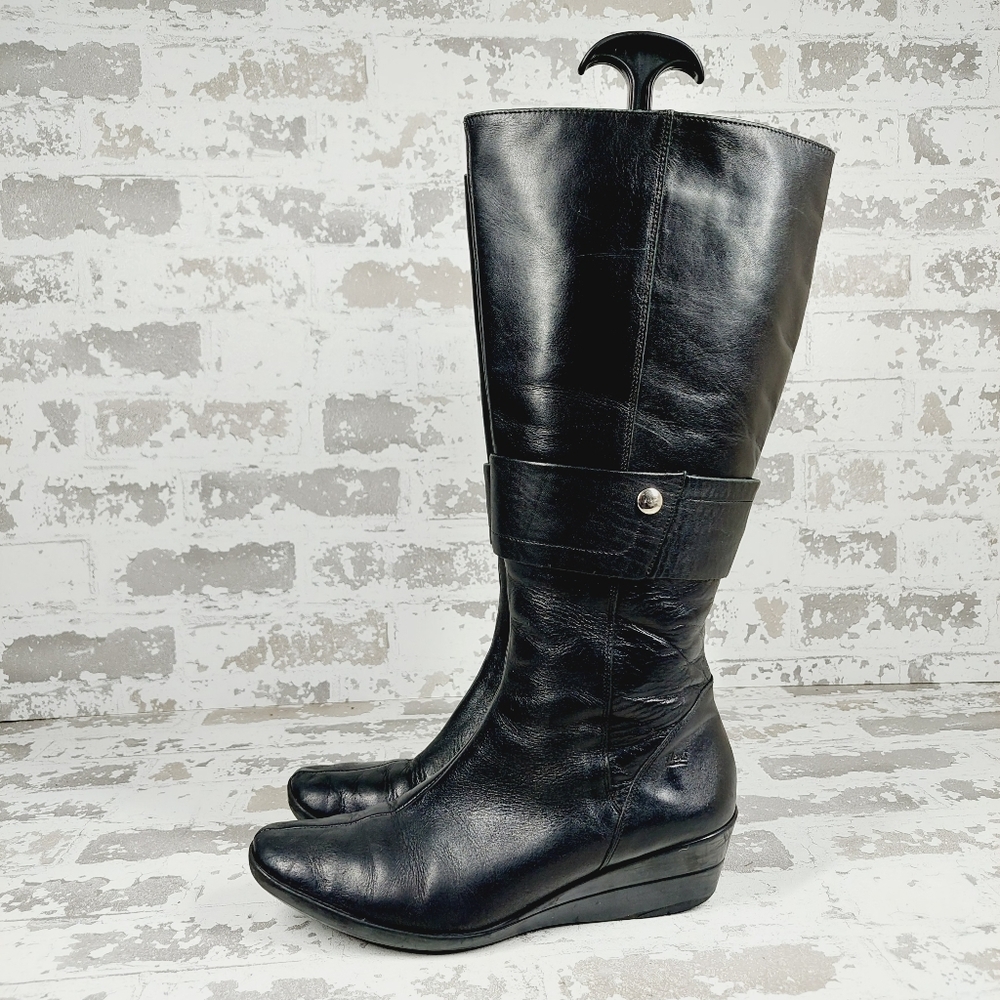 Alexis Black Leather Mid-Calf Wedge Heeled Boots